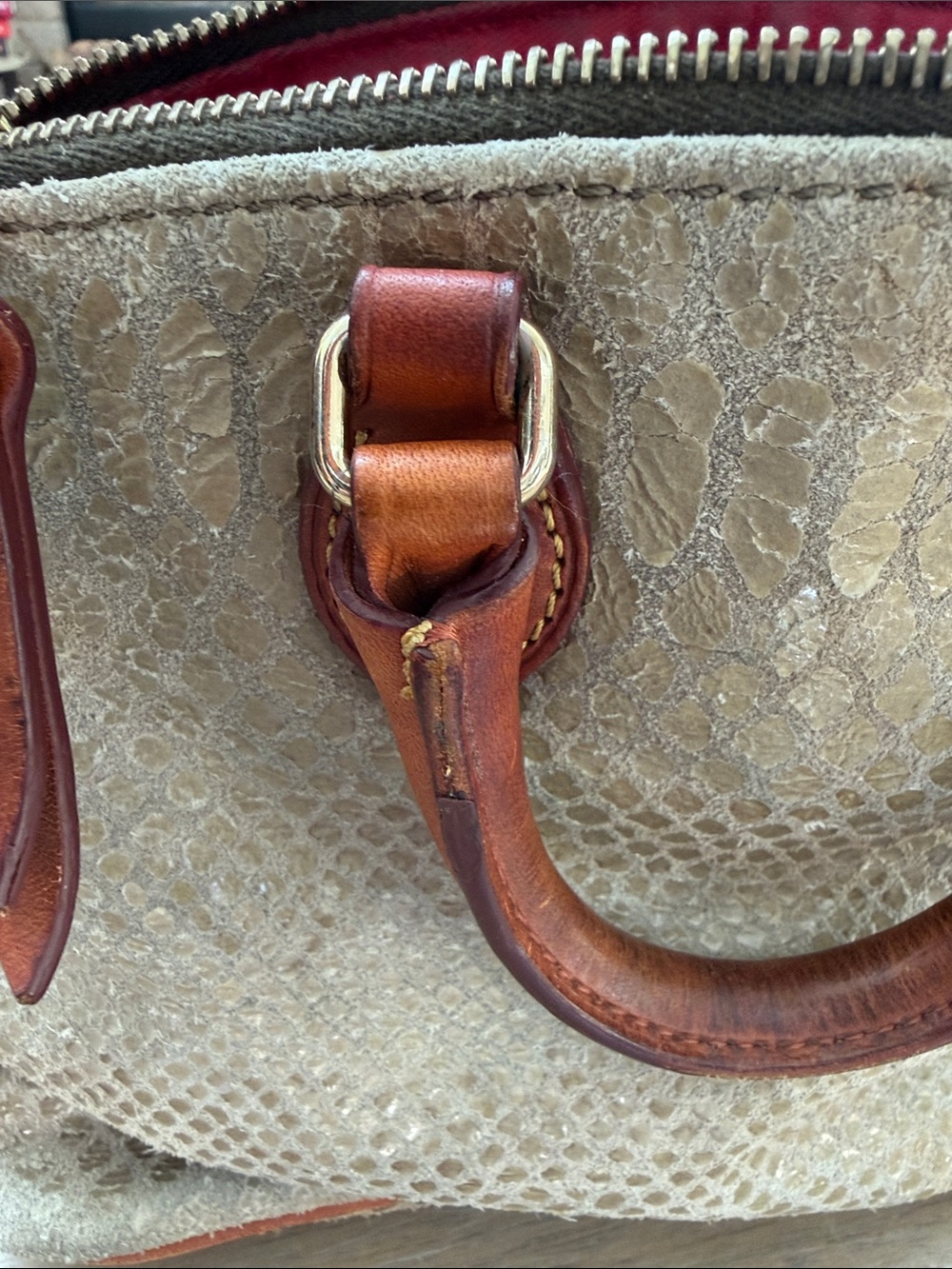 Dooney & Bourke taupe suede snake textured satchel w/British tan leather trim - Picture 11 of 11
